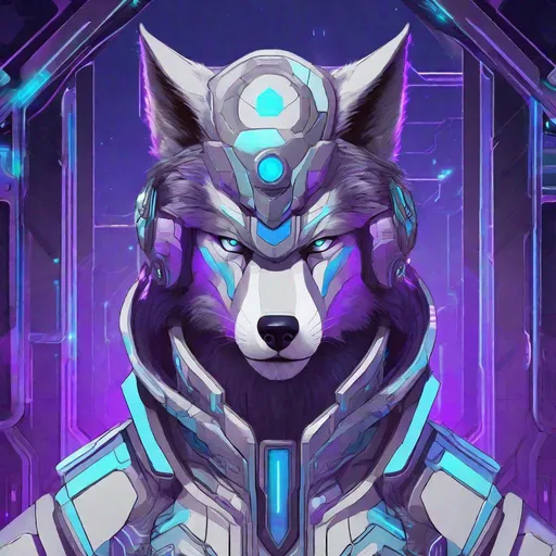 Prompt: sci fi man-wolf with purple and light blue accents detailed futuristic settings
