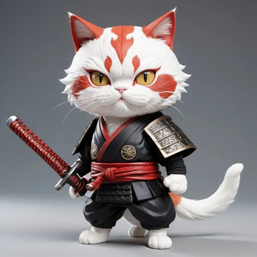 Prompt: A red and white cat wearing a black samurai outfit. Has a scar on face. Anime style, holding sword at the hilt hyper realistic
