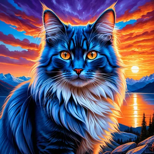 Prompt: detailed oil portrait of a stunning beautiful blue cat with {cobalt blue fur} and {sunset orange eyes}, nine-tailed cat, nine fluffy silver tails, blue nose, feral, kitsune tails, quadruped, tom cat, Warrior cats by Erin Hunter, gorgeous anime portrait, intense cartoon, beautiful 8k eyes, kitsune, nine-tailed fox, ice element, detailed fine fur, fine oil painting, stunning, gorgeous, gazing at viewer, beaming eyes, lake shore sunrise, perfect reflection, shimmering, professional shading, sharply focused red clouds, highly detailed jagged ice-capped mountain vista, brilliant sunrise on purple sky, (horizontal background), 64k, hyper detailed, expressive, clever, beautiful, thick silky mane, golden ratio, symmetric, accurate anatomy, precise, perfect proportions, vibrant, standing majestically on a mountain, hyper detailed, complementary colors, UHD, HDR, top quality artwork, beautiful detailed background, unreal 5, artstaion, deviantart, instagram, professional, masterpiece

