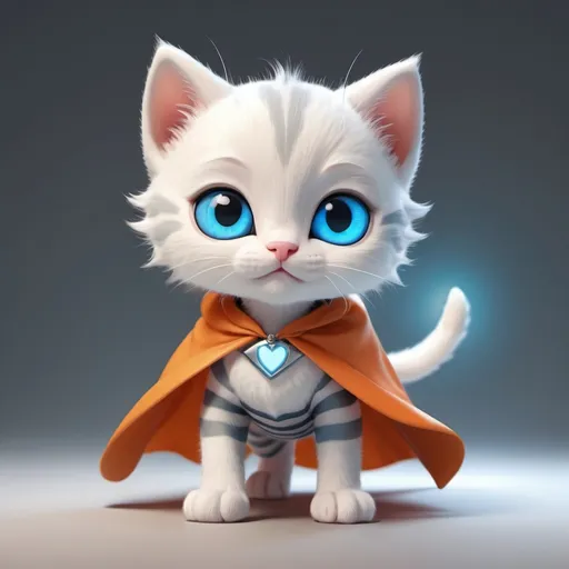 Prompt: white kitten with gray stripes orange cape with glowing blue eyes body floating cartoon