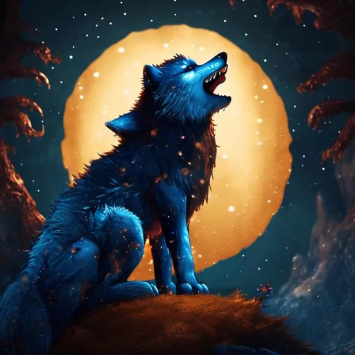 Prompt: blue wolf cub howling at the moon,with accents of red shiny golden fur, enchanting moonlight, mystical forest background, high quality, detailed fur, magical, atmospheric lighting, haunting, golden tones, mysterious ambiance, serene