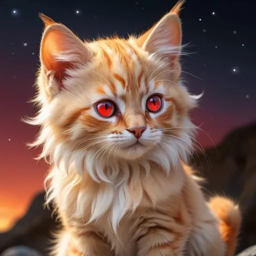 Prompt: warrior (kitten) with {bright scarlet fur} and {ruby red eyes}, feral kitten, kitsune, nine-tailed kitten, gorgeous anime portrait, beautiful cartoon, beautiful 8k eyes, elegant {red fur}, four-legged, quadruped, pronounced scar on chest, oil painting, modest, gazing at viewer, fiery red eyes, glistening golden hair, furry golden paws, low angle view, 64k, hyper detailed, expressive, graceful, beautiful, small lithe cat, expansive silky golden mane, shining fur, deep starry sky, UHD background, golden ratio, precise, perfect proportions, vibrant colors, standing majestically on a tall crystal stone, hyper detailed, complementary colors, UHD, HDR, top quality art, beautiful detailed background, unreal 5, artstaion, deviantart, instagram, professional, masterpiece
