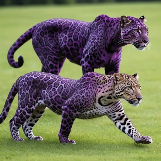 Prompt: a dark purple leopard and a purple leopard with valet spots running on grass detailed