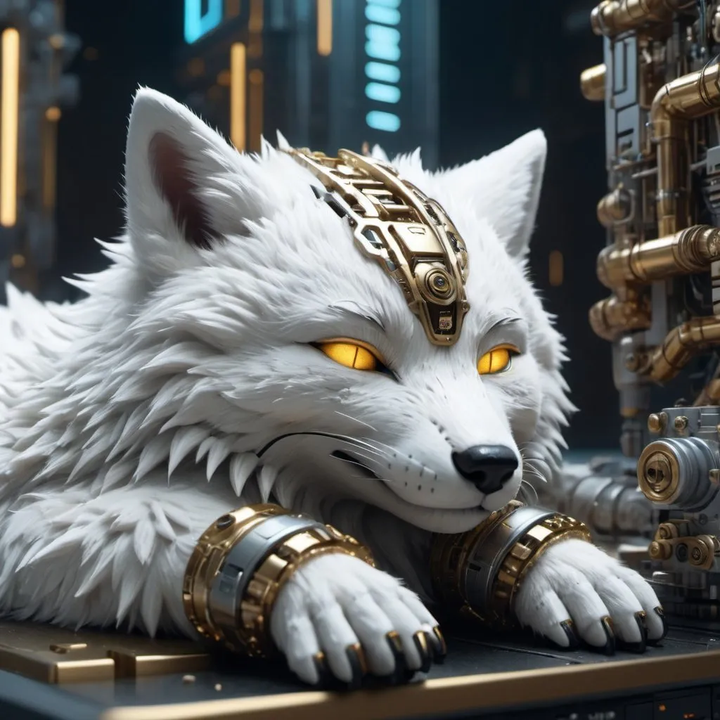 Prompt: Highly detailed white foxpunk scene cub sleeping, hyper-realistic 4K rendering, volumetric lighting, HD quality, futuristic cityscape backdrop, mechanical feline with intricate joints and circuit patterns, cool-toned futuristic atmosphere, detailed fur with lifelike textures, cyberpunk aesthetic, ultra-detailed, volumetric lighting, professional rendering, HD, 4K gold eyes sleeping fluffy 