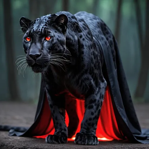 Prompt: a black leopard with a black cloak and glowing red eyes 