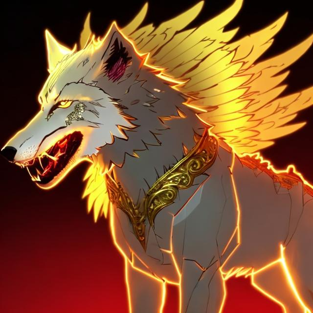 Prompt: a gold wolf with gold hock wings and a glowing red chest and some red on its tale anime