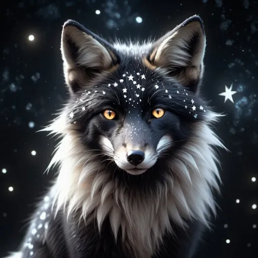 Prompt: Black fox with glowing white stars, mystical fantasy theme, highres, detailed fur, atmospheric lighting, fantasy, mystical, detailed eyes, sleek design, professional, glowing stars, cool tones, detailed fur, atmospheric lighting