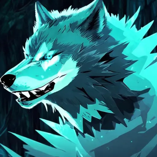 Prompt: sci fi light blue wolf with accents of black detailed in a bright green forest good lighting with a gray mohawk