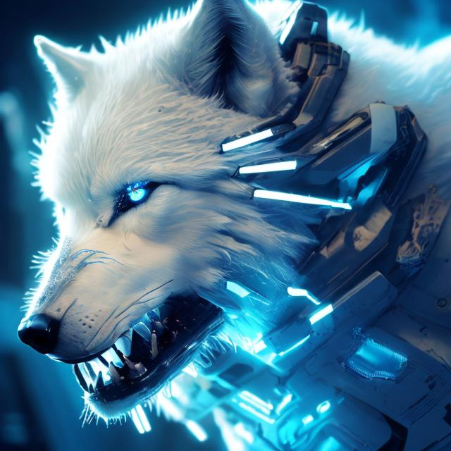 Prompt: High-res, ultra-detailed, sci-fi, white wolf with glowing blue accents, futuristic setting, detailed fur with cool reflections, intense and focused gaze, high-tech collar, cool-toned lighting