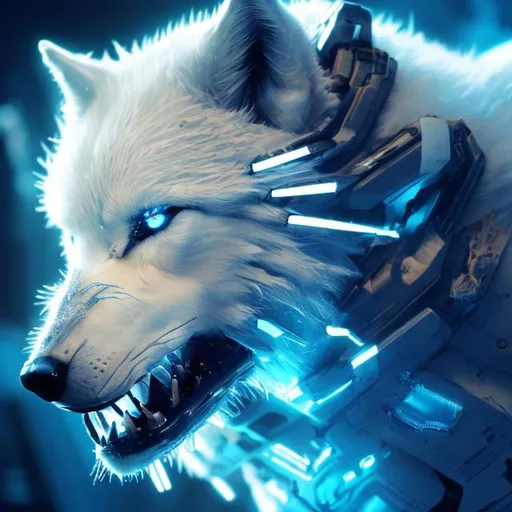 Prompt: High-res, ultra-detailed, sci-fi, white wolf with glowing blue accents, futuristic setting, detailed fur with cool reflections, intense and focused gaze, high-tech collar, cool-toned lighting