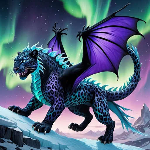 Prompt: black and blue leopard riding a green and purple fire dragon with some fire and northern lights detailed hyper realistic the black and blue leopard and the dragon are in the sky the ice dragon has wings and a dragon tail make sure it has two dragon wings and one tail the black and blue  leopard is riding the dragon there should be no red orange or yellow. northern lights in the sky
