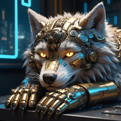 Prompt: Highly detailed wolfpunk scene cub sleeping, hyper-realistic 4K rendering, volumetric lighting, HD quality, futuristic cityscape backdrop, mechanical feline with intricate joints and circuit patterns, cool-toned futuristic atmosphere, detailed fur with lifelike textures, cyberpunk aesthetic, ultra-detailed, volumetric lighting, professional rendering, HD, 4K gold eyes sleeping fluffy 
