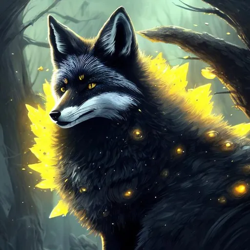 Prompt: Black fox in gray armor with yellow gems, detailed fur texture, high quality, fantasy art, cool tones, intricate armor design, fierce demeanor, mystical forest setting, ethereal lighting, detailed eyes, professional, atmospheric lighting