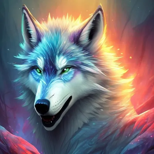 Prompt: Magical ice wolf, digital painting, vibrant and fiery colors, mystical forest setting, intense and powerful gaze, translucent fiery fur, mystical, high quality, detailed, fantasy, ethereal, fiery, magical, vibrant colors, mystical forest, intense gaze, digital painting, powerful, translucent fur, professional, atmospheric lighting