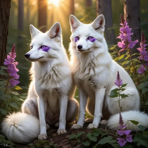 Prompt: Detailed illustration of a majestic white foxes with accents of purple and blue white foxes and two cubs in a lush forest clearing at sunset, warm and vibrant color tones, high quality, realistic, detailed fur, serene atmosphere, focused mother cardinal, peaceful sunset, sleepy cub, sitting cub, forest setting, natural lighting lots of flowers around the white cardinal all of the cardinal have accents of purple and blue and gold eyes the  (bright lighting) no trees blocking the sunset make sure it is a cardinal