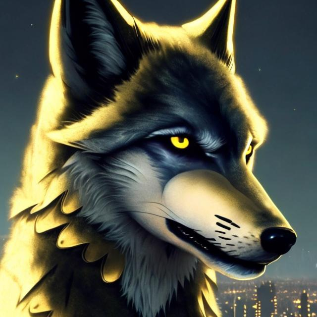 Prompt: Bright gold futuristic wolf, detailed fur with golden highlights, intense and focused gaze, high-tech collar, futuristic sci-fi setting, futuristic cityscape with golden accents, cool tones with bright gold highlights, best quality, highres, ultra-detailed, sci-fi, futuristic, bright gold, cool tones, detailed fur, intense gaze, futuristic cityscape