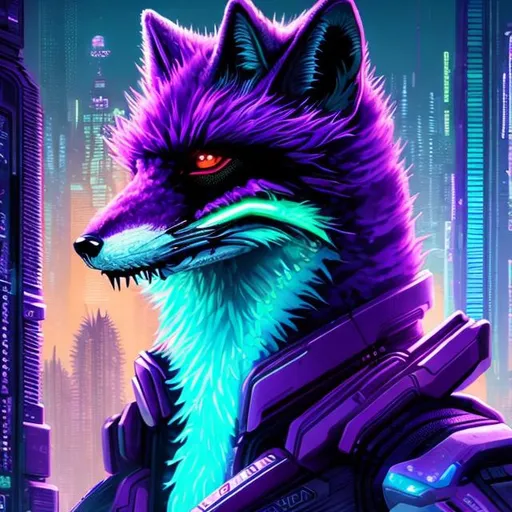 Prompt: High-res, detailed sci-fi illustration of a sleek purple fox, vibrant lime accents, futuristic cyberpunk setting, advanced holographic interface, intricate fur with neon highlights, intense and intelligent gaze, high-tech collar, city lights casting a surreal glow, high-tech, futuristic, cyberpunk, detailed fur, vivid colors, intense gaze, professional, atmospheric lighting