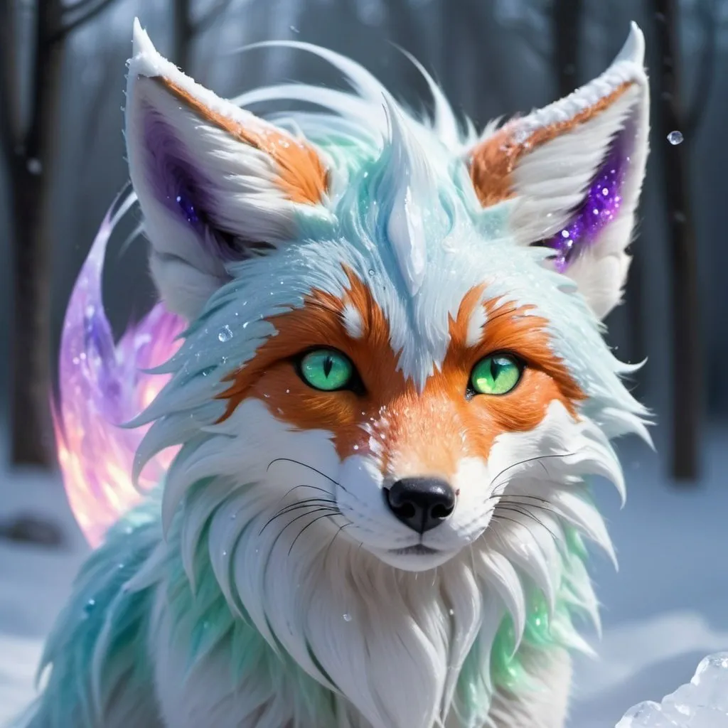 Prompt: ice elemental fox, feral vixen, kitsune, nine-tailed fox, snowy lilac fur, bright rainbow green aurora eyes, periwinkle purple ears, frost, falling fire, shattered ice, soft moonlight,stunning youthful vixen, gazing at viewer, gorgeous, muscular forelegs, flowing aurora hair, athletic, agile, small but absurdly powerful, enchanting, timid no orang
