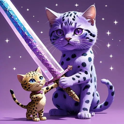 Prompt: a purple and blue sword  with stars on it       getting grabbed by a light purple cat with a leopard print