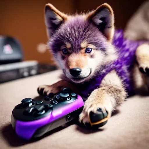 Prompt: violet colored wolf cub with a gaming controller in its paws