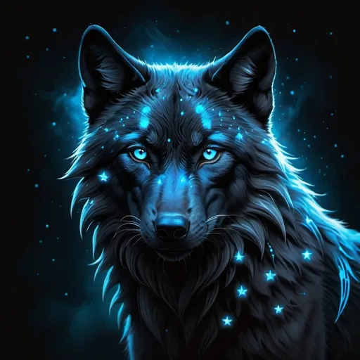 Prompt: Black wolf with glowing blue stars, mystical fantasy theme, highres, detailed fur, atmospheric lighting, fantasy, mystical, detailed eyes, sleek design, professional, glowing blue stars, cool tones, detailed fur, atmospheric lighting