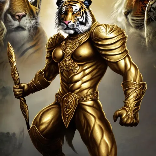 Prompt: tiger warrior waring gold amor