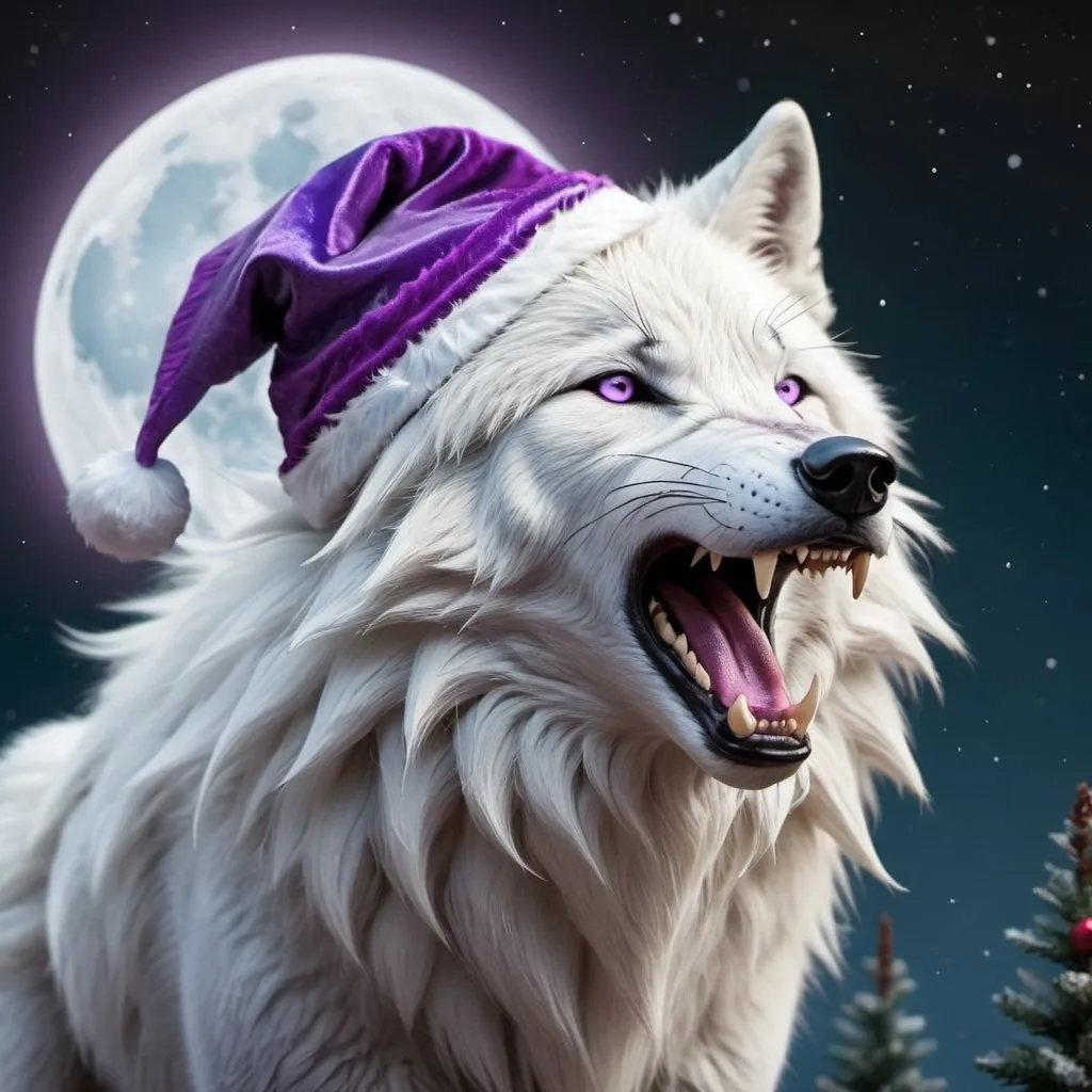 Prompt: white fluffy wolf waring Santa hat hallowing at the moon detailed its chest is purple. and accents of blue hyper realistic