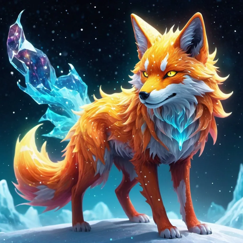 Prompt: Colorful translucent kyūbi no kitsune, glowing, nebula, glitter, den beneath the stars, bioluminescent, best quality, highres, concept art shattered ice fire in the ski worior
