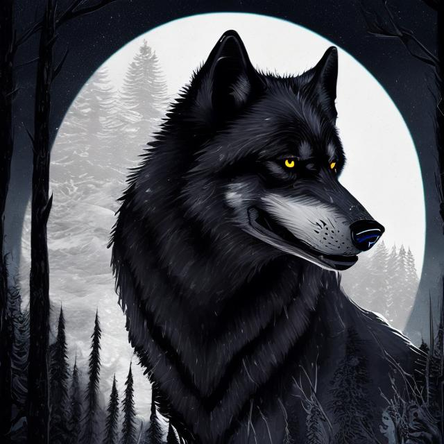 Prompt: Detailed highres illustration of a majestic black wolf, cool white accents, realistic fur details, intense and piercing gaze, mystical forest setting, moonlight casting a white glow, best quality, detailed fur, cool tones, atmospheric lighting