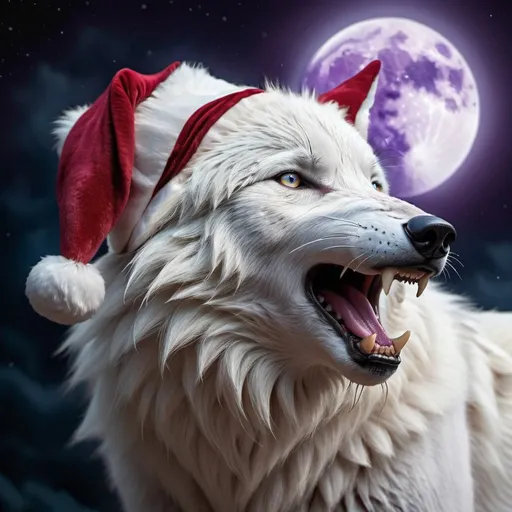 Prompt: Hyperrealistic white wolf howling at the moon, detailed purple chest, wearing red Santa hat, blue accents, best quality, hyperrealistic, detailed fur, detailed eyes, atmospheric lighting, cool tones, detailed Santa hat