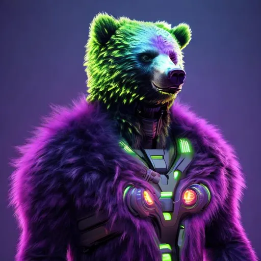 Prompt: Sci-fi 3-headed man-bear with purple and lime accents, ultra-detailed fur, futuristic setting, otherworldly glow, high-quality 3D rendering, sci-fi, futuristic, detailed fur, triple heads, purple and lime accents, otherworldly glow, highres, 3D rendering