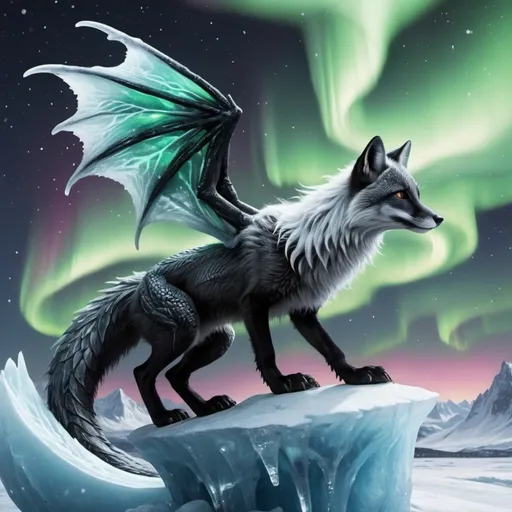 Prompt: black and white fox riding a ice dragon with some ice and northern lights detailed hyper realistic the black and white fox and the ice dragon are in the sky the ice dragon has wings and a dragon tail make sure it has two dragon wings and one tail the black and white fox is riding the dragon there should be no red orange or yellow. northern lights in the sky
