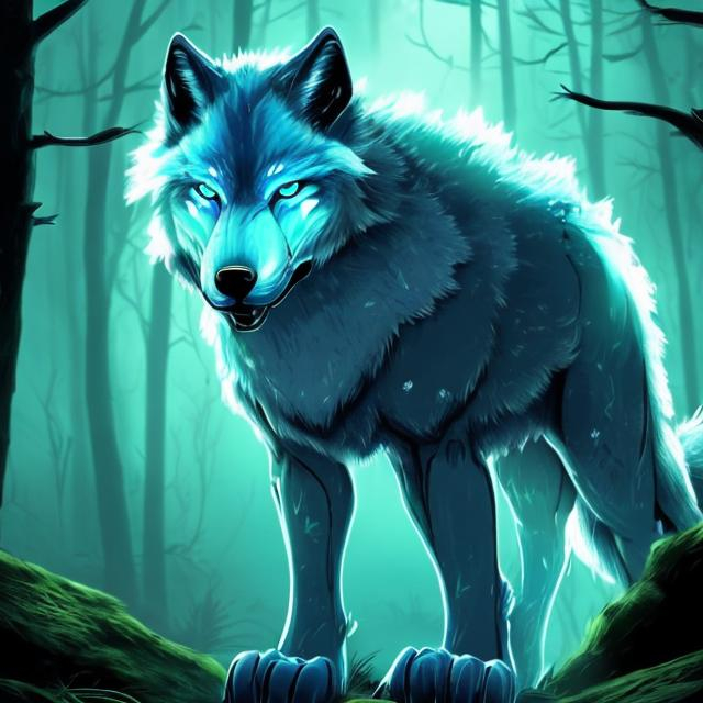 Prompt: sci fi light blue wolf with accents of black detailed in a bright green forest good lighting