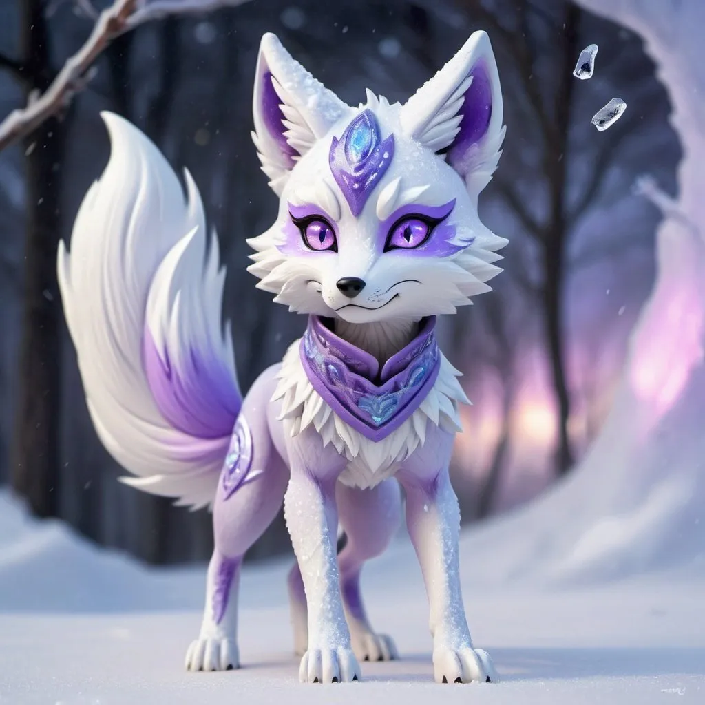 Prompt: ice elemental ninja fox, feral fox, kitsune, nine-tailed fox, snowy lilac fur, bright rainbow purple aurora eyes, periwinkle purple ears, frost, falling snow, shattered ice, soft moonlight,stunning youthful vixen, gazing at viewer, gorgeous, muscular forelegs, athletic, agile, small but absurdly powerful, enchanting, timid
ninja fox