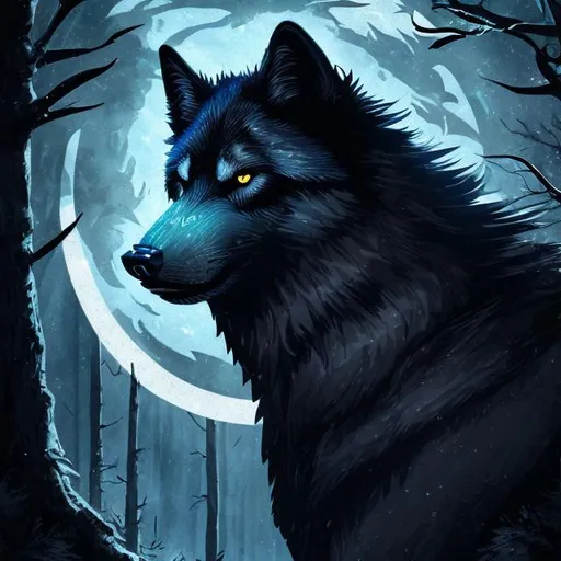 Prompt: Detailed highres illustration of a majestic black wolf, cool blue accents, realistic fur details, intense and piercing gaze, mystical forest setting, moonlight casting a blue glow, best quality, detailed fur, cool tones, atmospheric lighting