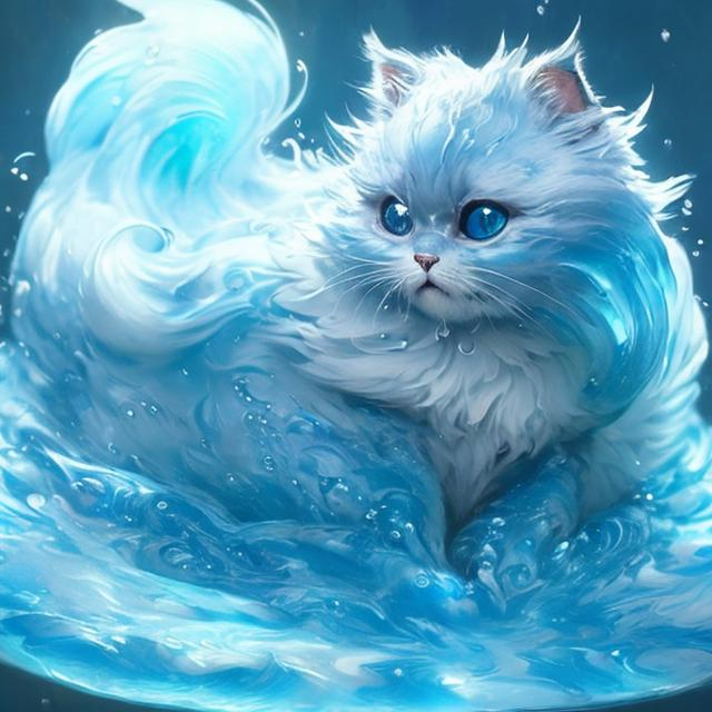 Prompt: Cute, blue, fluffy, liquid cat, possessing the element of water and making circles of water move around in the air in a magical way. Perfect features, extremely detailed, realistic. Krenz Cushart + loish +gaston bussiere +craig mullins, j. c. leyendecker +Artgerm.