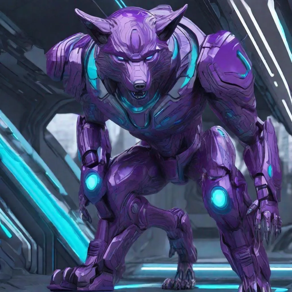 Prompt: sci fi 3 headed man-wolf with purple and light blue accents detailed futuristic settings