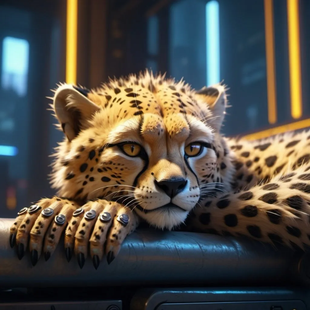 Prompt: Highly detailed cheetahpunk scene cub sleeping, hyper-realistic 4K rendering, volumetric lighting, HD quality, futuristic cityscape backdrop, mechanical feline with intricate joints and circuit patterns, cool-toned futuristic atmosphere, detailed fur with lifelike textures, cyberpunk aesthetic, ultra-detailed, volumetric lighting, professional rendering, HD, 4K gold eyes sleeping fluffy 