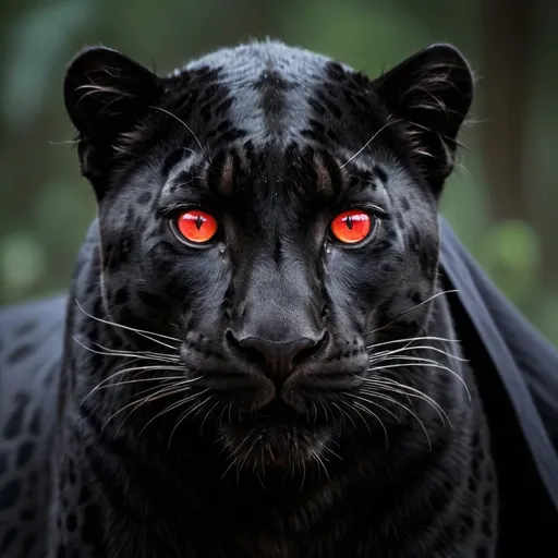 Prompt: a black leopard with a black cloak and glowing red eyes 