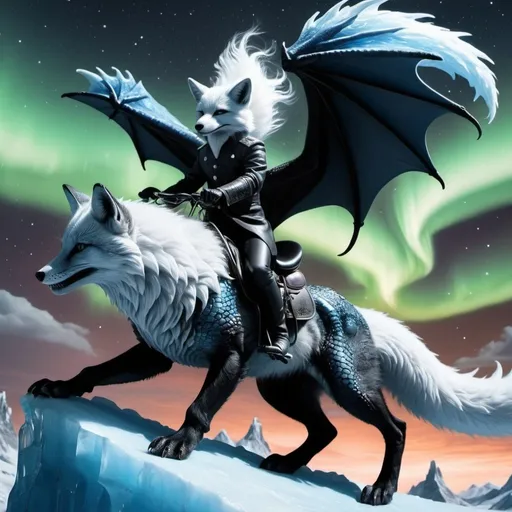Prompt: black and white fox riding a blue ice dragon with some fire and northern lights detailed hyper realistic the black and white fox and the dragon are in the sky