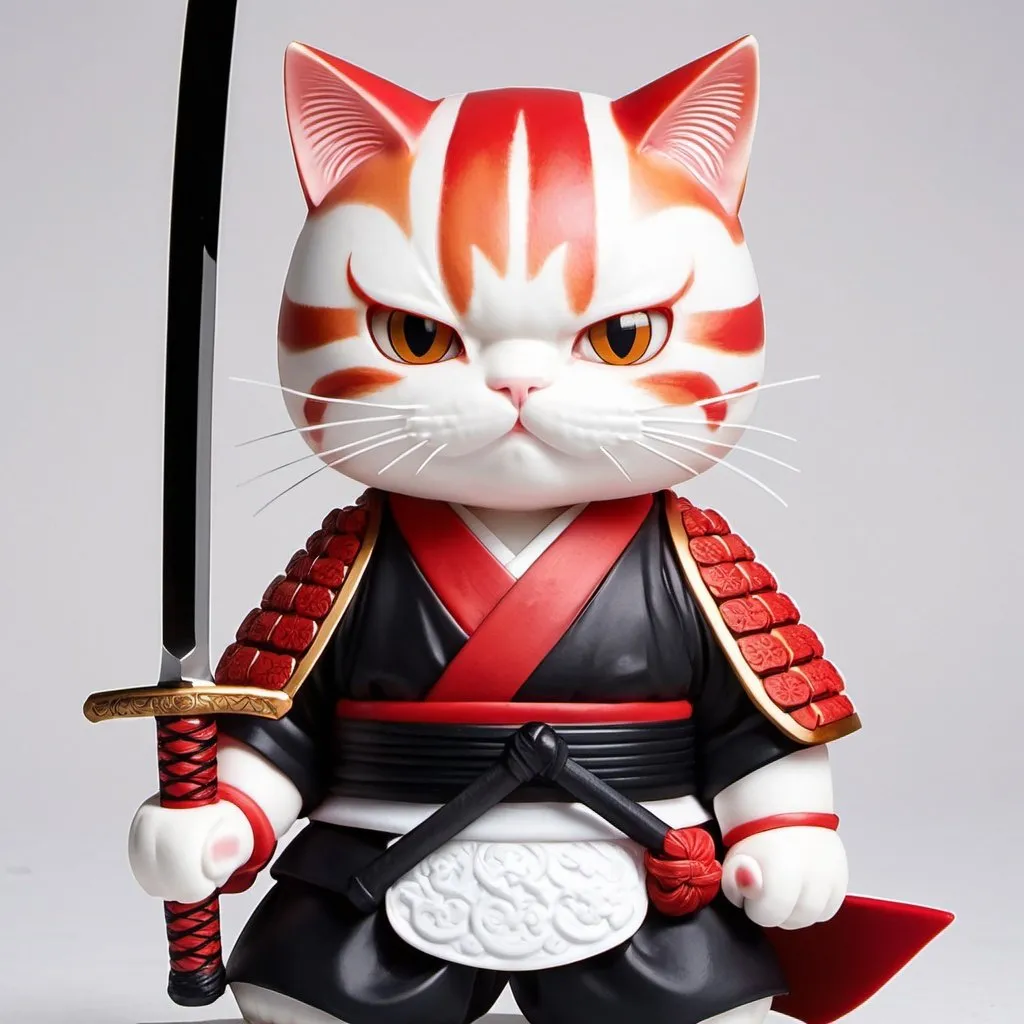 Prompt: A red and white cat wearing a black samurai outfit. Has a scar on face. Anime style, holding sword at the hilt hyper realistic
