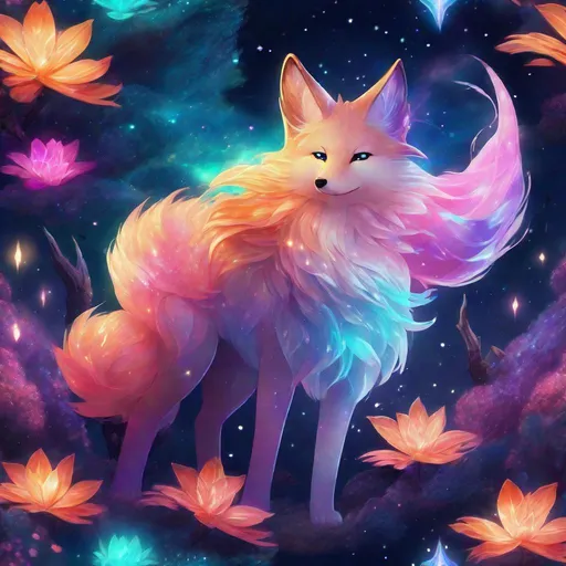 Prompt: Colorful translucent kyūbi no kitsune, glowing, nebula, glitter, den beneath the stars, bioluminescent, best quality, highres, concept art, colorful, translucent, glowing, nebula, glitter, den, stars, bioluminescent, vibrant colors, fantasy, ethereal lighting