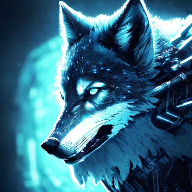 Prompt: High-res, ultra-detailed, sci-fi, wolf with glowing blue accents, futuristic setting, detailed fur with cool reflections, intense and focused gaze, high-tech collar, cool-toned lighting