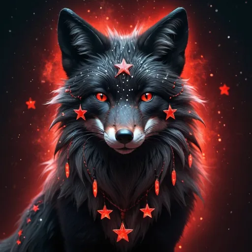 Prompt: Black fox with glowing red stars, mystical fantasy theme, highres, detailed fur, atmospheric lighting, fantasy, mystical, detailed eyes, sleek design, professional, glowing red stars, cool tones, detailed fur, atmospheric lighting