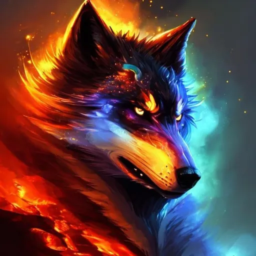 Prompt: Magical fire wolf, digital painting, vibrant and fiery colors, mystical forest setting, intense and powerful gaze, translucent fiery fur, mystical, high quality, detailed, fantasy, ethereal, fiery, magical, vibrant colors, mystical forest, intense gaze, digital painting, powerful, translucent fur, professional, atmospheric lighting