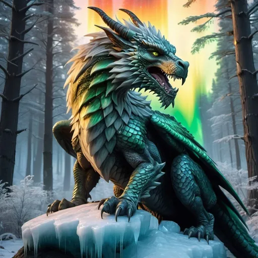 Prompt: wild Griffin dragon warrior siting in hyper realistic fantasy forest future seen with gold northern lights above the wild Griffin warrior ice element
