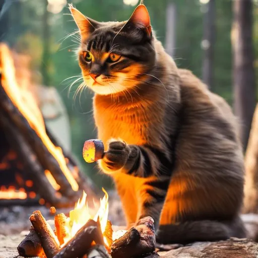Prompt: a cat siting at a camp fire eating a marshmallow lots of detail