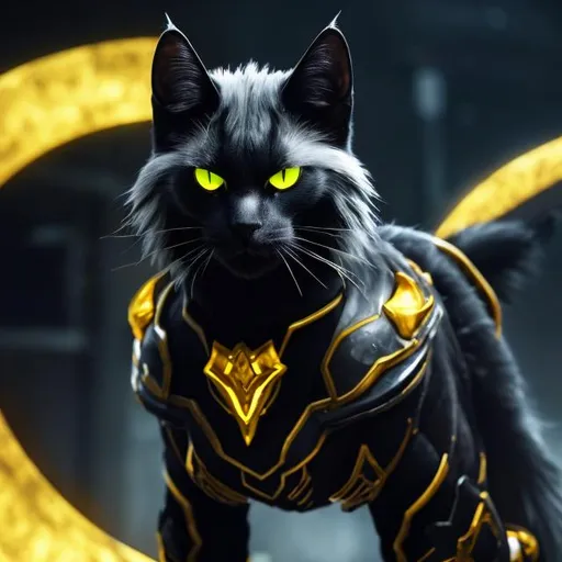 Prompt: Black cat with gray armor and yellow gems, detailed fur with sleek reflections, intense and mysterious gaze, high-tech armor, glowing yellow gemstones, highres, ultra-detailed, sleek design, professional, atmospheric lighting