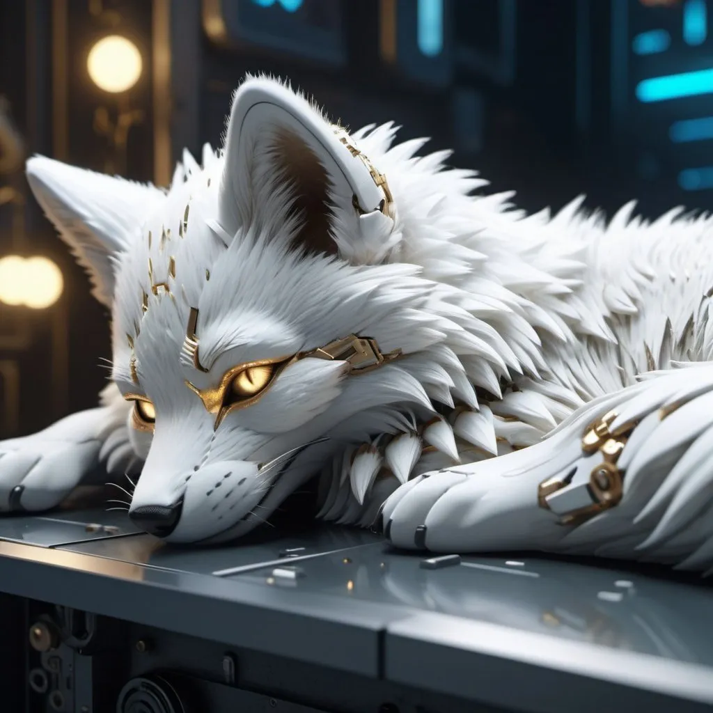 Prompt: Highly detailed white foxpunk scene cub sleeping, hyper-realistic 4K rendering, volumetric lighting, HD quality, futuristic cityscape backdrop, mechanical feline with intricate joints and circuit patterns, cool-toned futuristic atmosphere, detailed fur with lifelike textures, cyberpunk aesthetic, ultra-detailed, volumetric lighting, professional rendering, HD, 4K gold eyes sleeping fluffy 