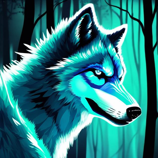 Prompt: sci fi light blue wolf with accents of black detailed in a bright green forest good lighting